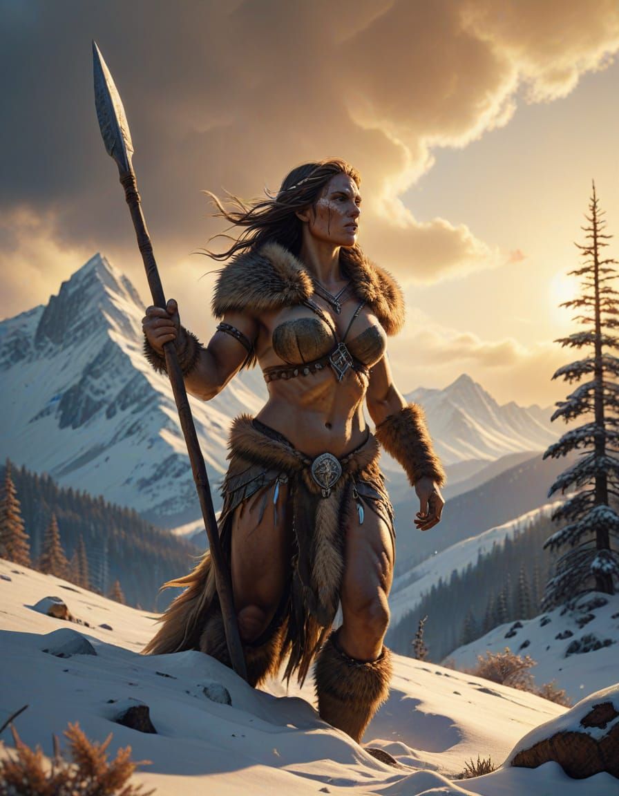 Majestic Neanderthal Female in Fierce Winter Landscape
