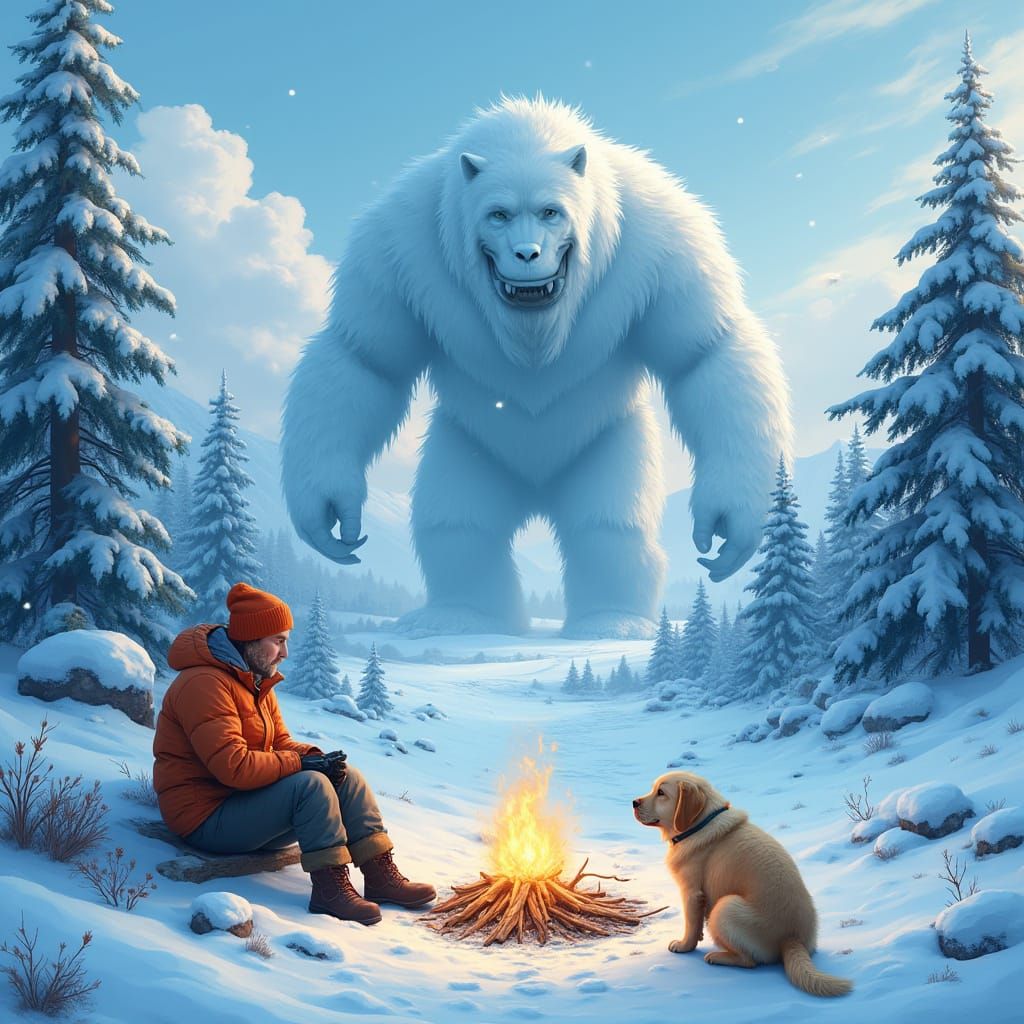 Serene Snow-Covered Landscape with Loyal Dog and Snow Monste...