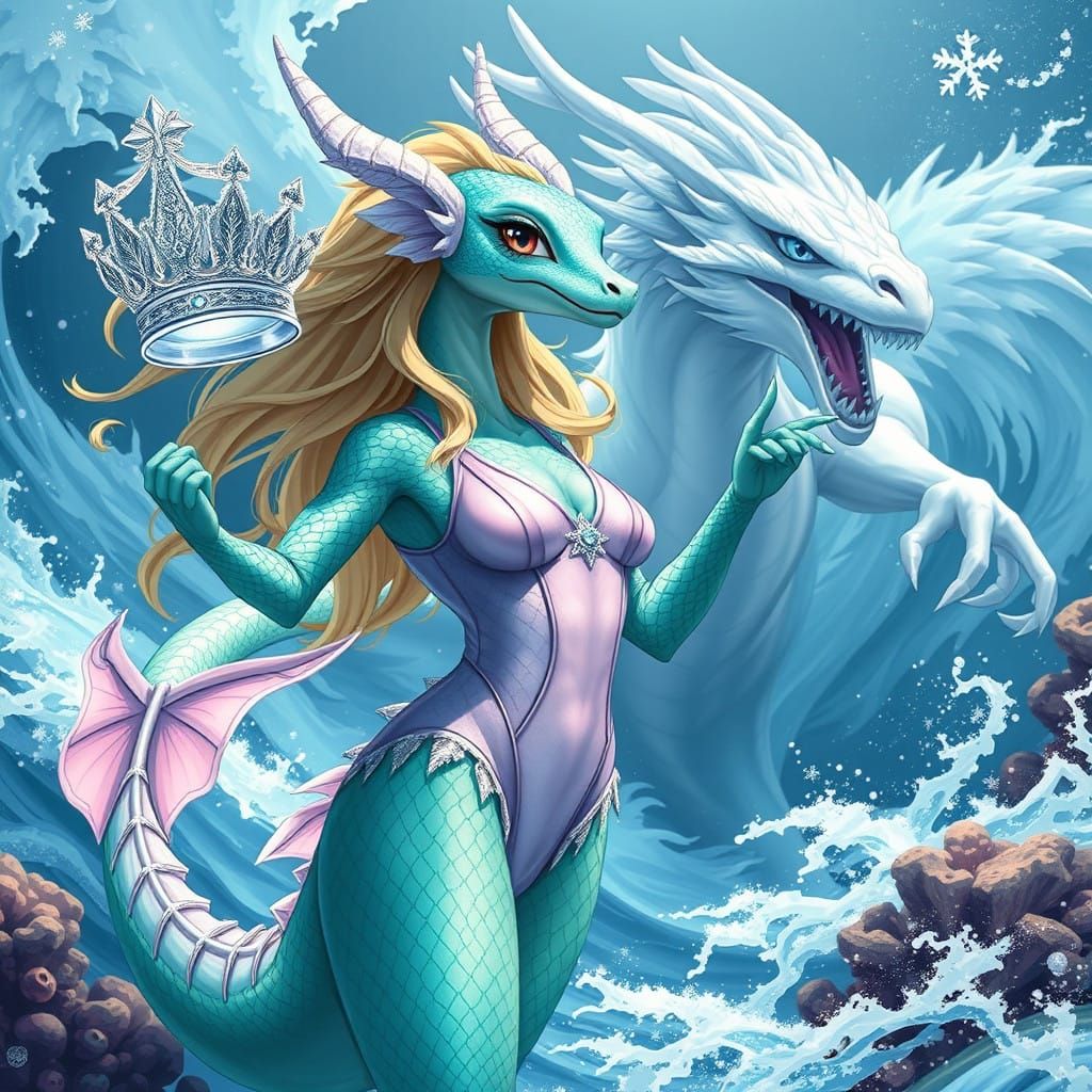 Mythical Sea Dragon Battles Icy Queen in Vibrant Oceanic Wor...