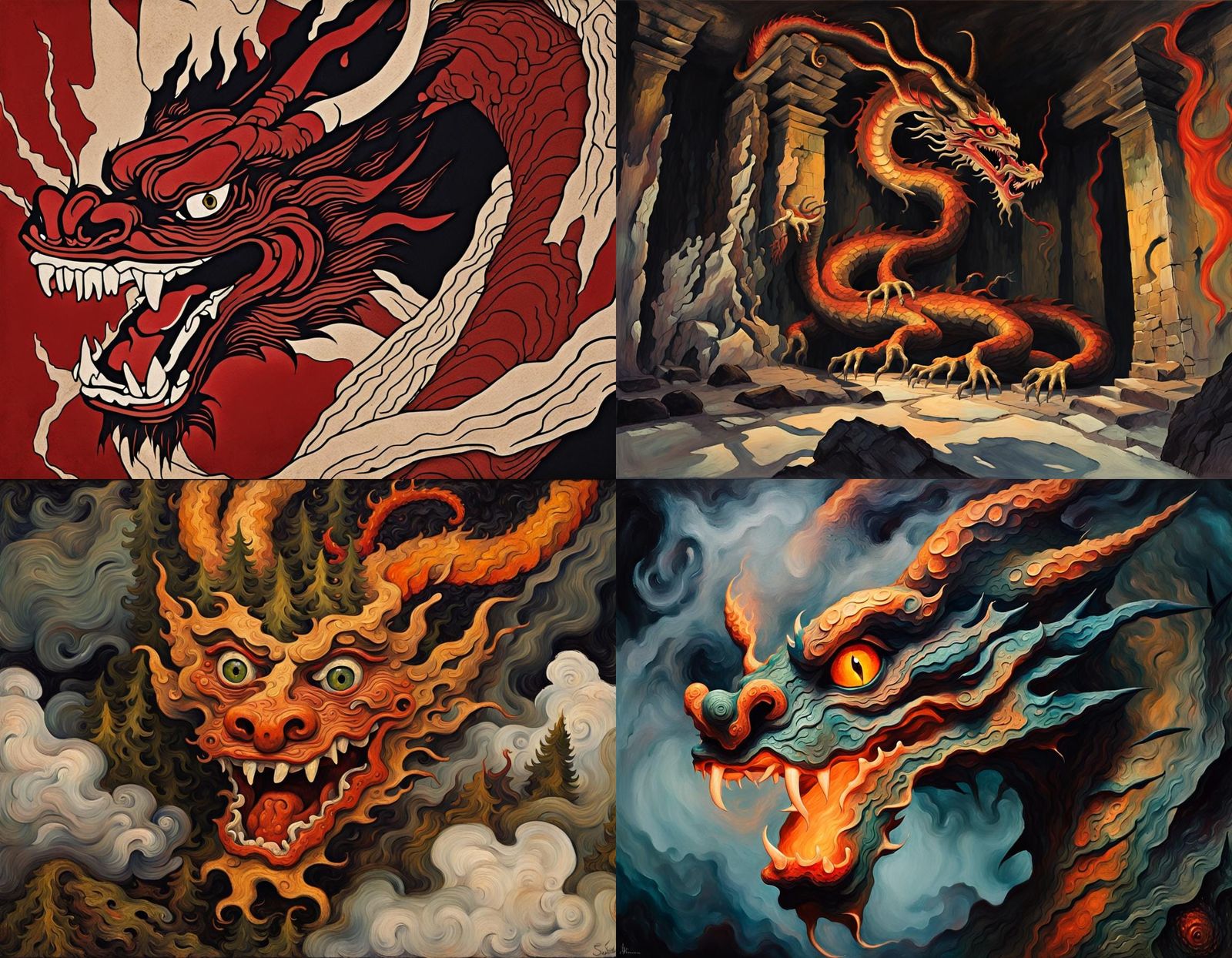Japanese Dragon Surrounded by Dark Figurative Art