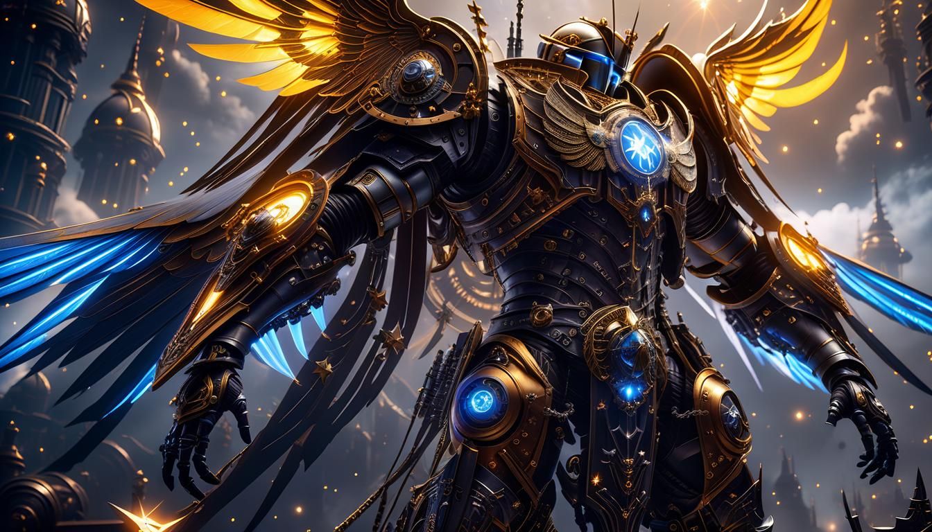 Cyborg Paladin with Mechanical Wings in Gothic Sci-Fi Style