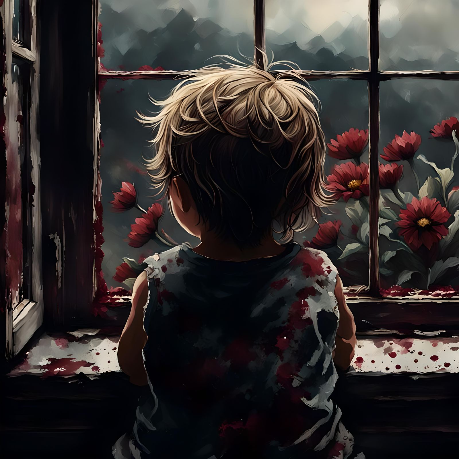 Childhood Gaze: Moody Portrait with Dark Floral Accents