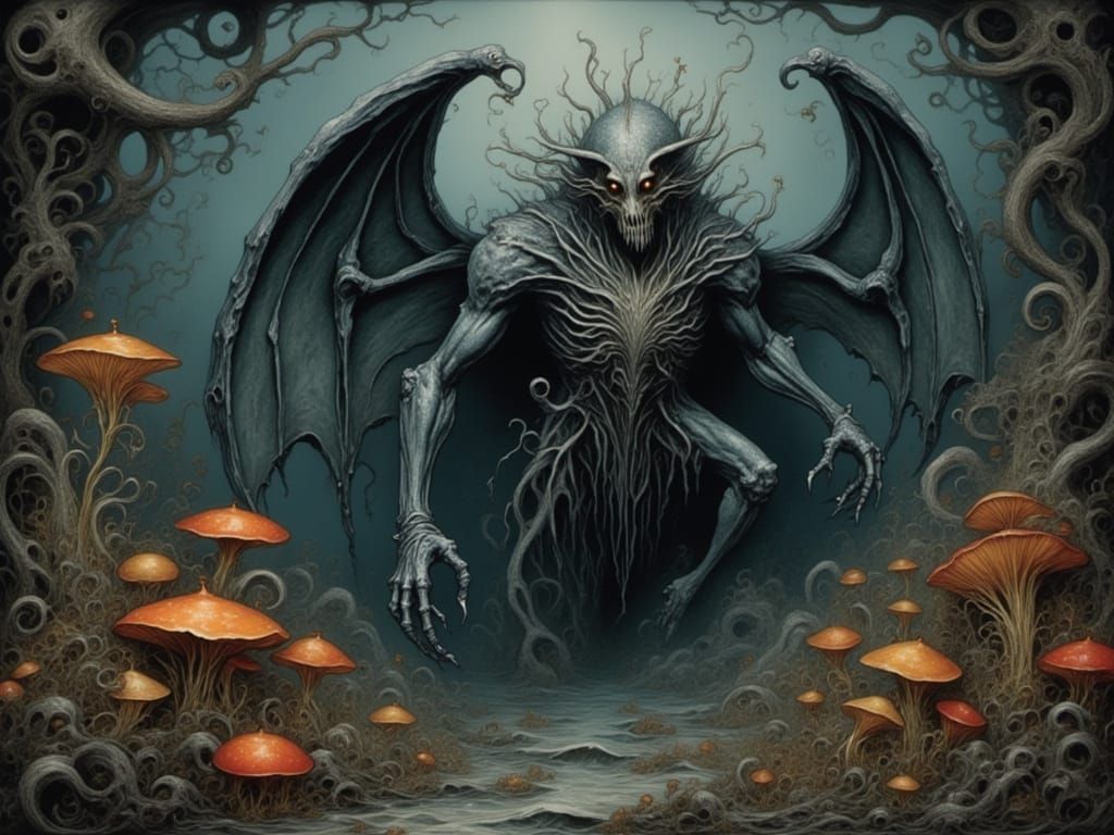 Snallygaster and Jabberwocky in Mystical Forest Art