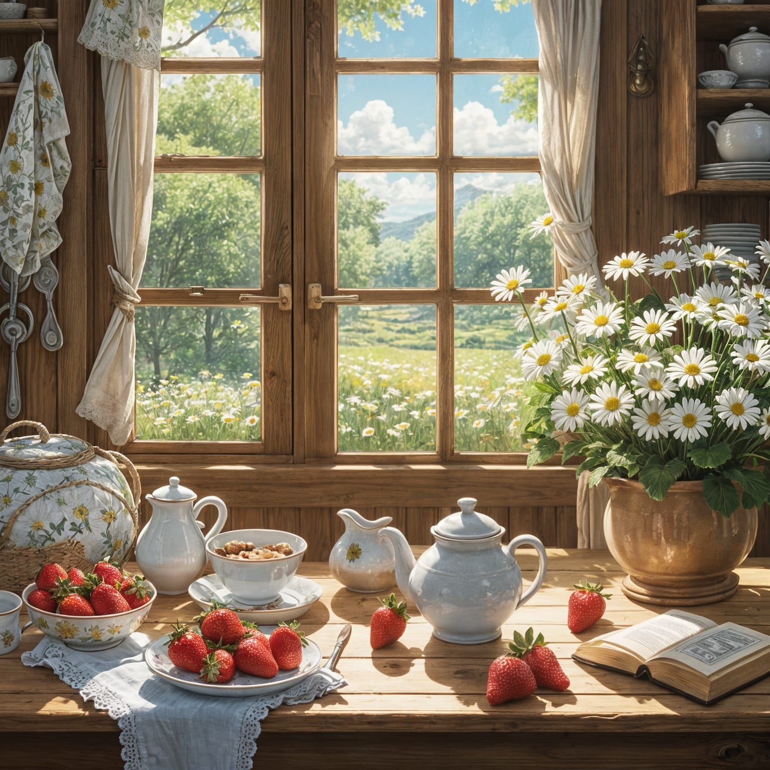 Cottagecore Kitchen with Strawberries, Anime Style