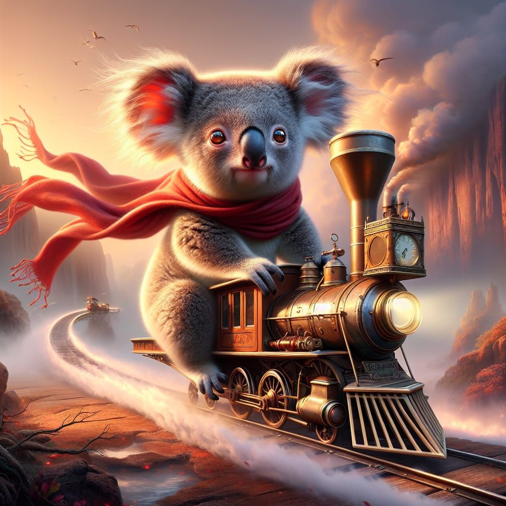 Koala Baby on Steam Skateboard in Matte Painting Style