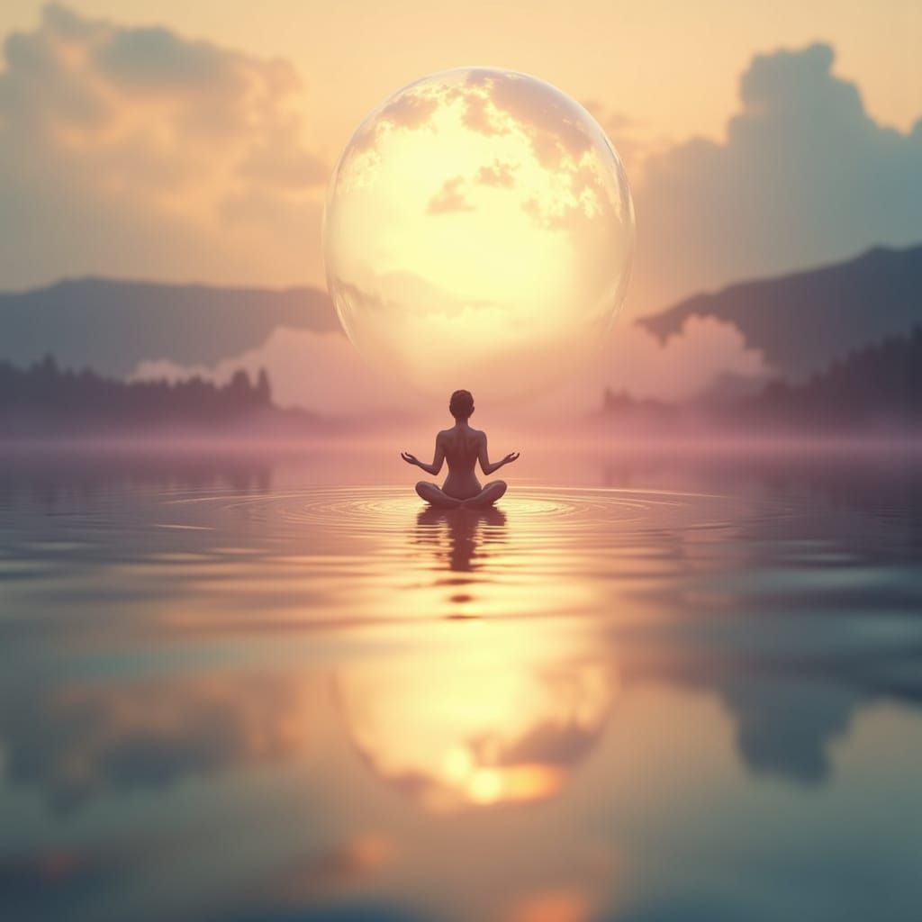 Serene Meditation in Luminous Bubble Over Reflective Lake at...