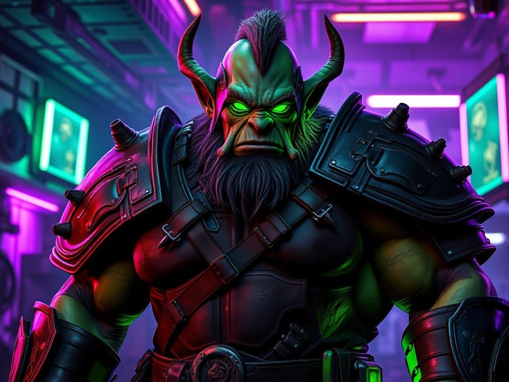 Cyberpunk Orc in Medieval Armor, Wearing Glowing Green Visor