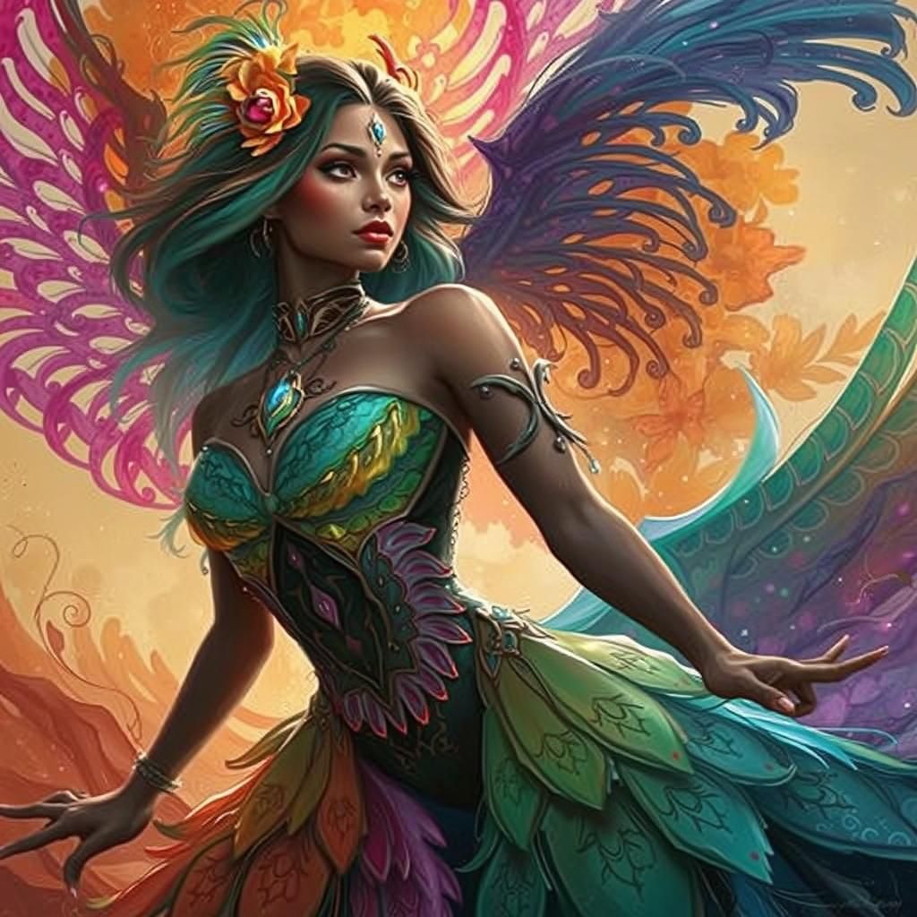 Dragon Peacock Woman in Abstract Expressionist Style