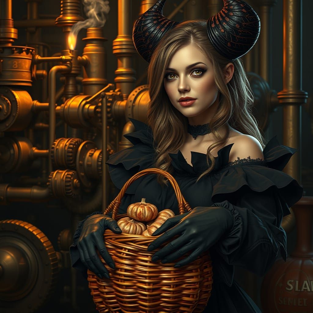 Demonic Halloween Woman with Pumpkin Basket in Milo Manara S...