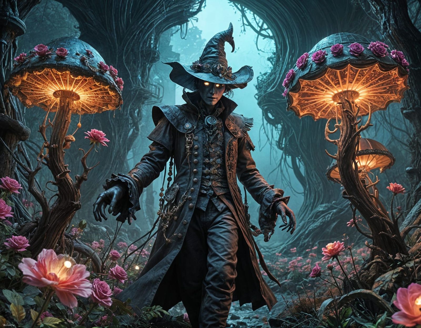 Ethereal Steampunk Jester Dances Amidst Sakura and Roses