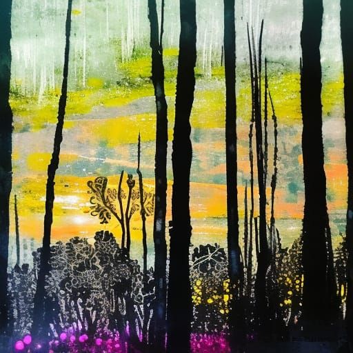 Sunlit Glade: Layered Gelli Print Masterpiece