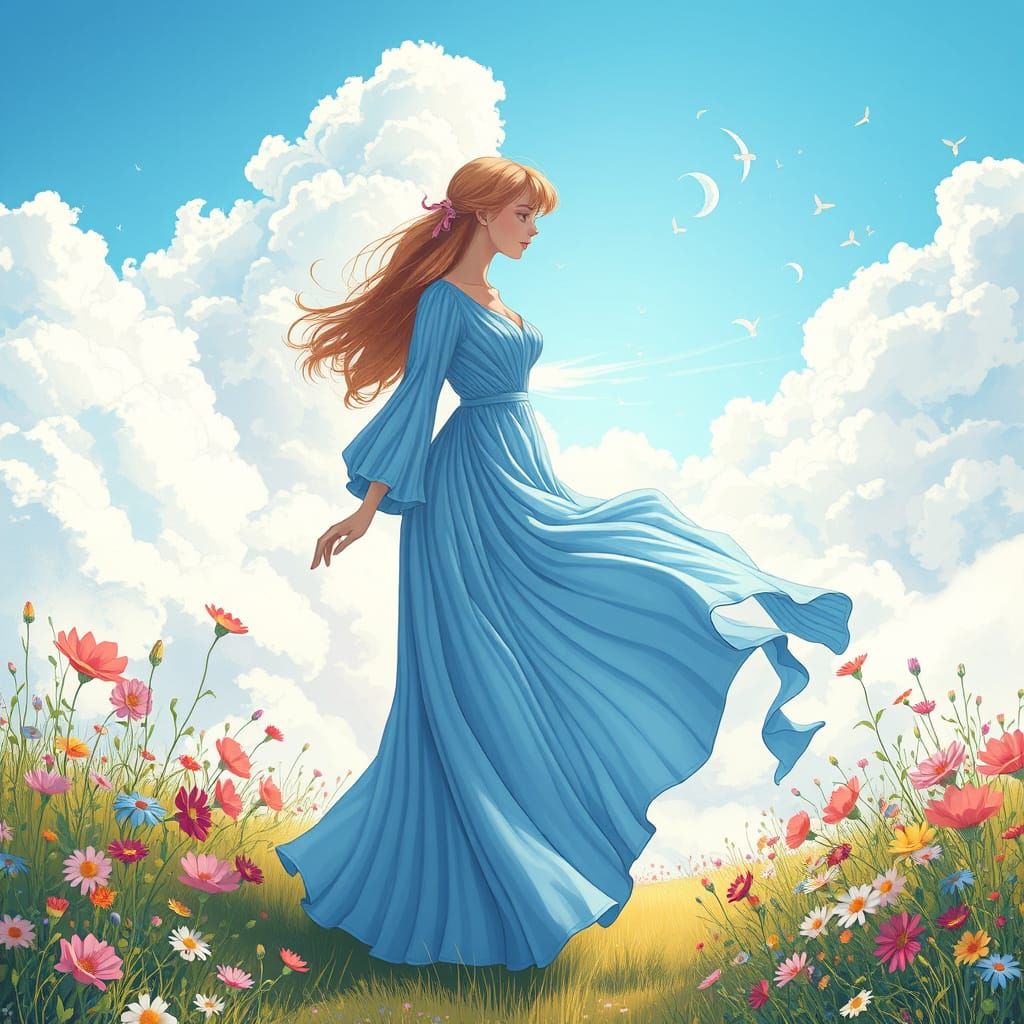 Whimsical Fantasy Maiden in Pastel Rainbow Gown