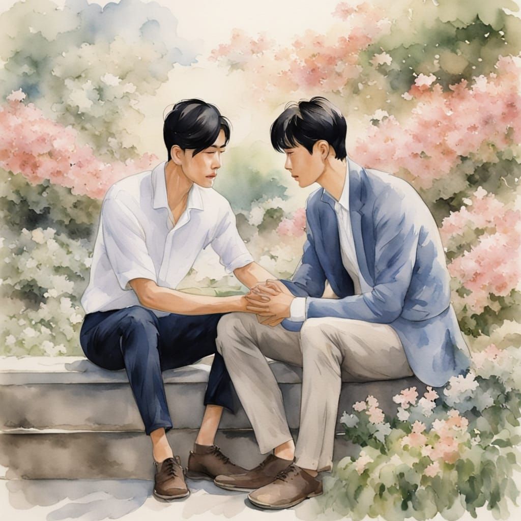Watercolor Garden Scene of Two Men in Gentle Embrace