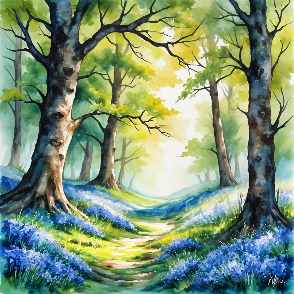 Ethereal Morning in a Woodland Glade with Vibrant Bluebells