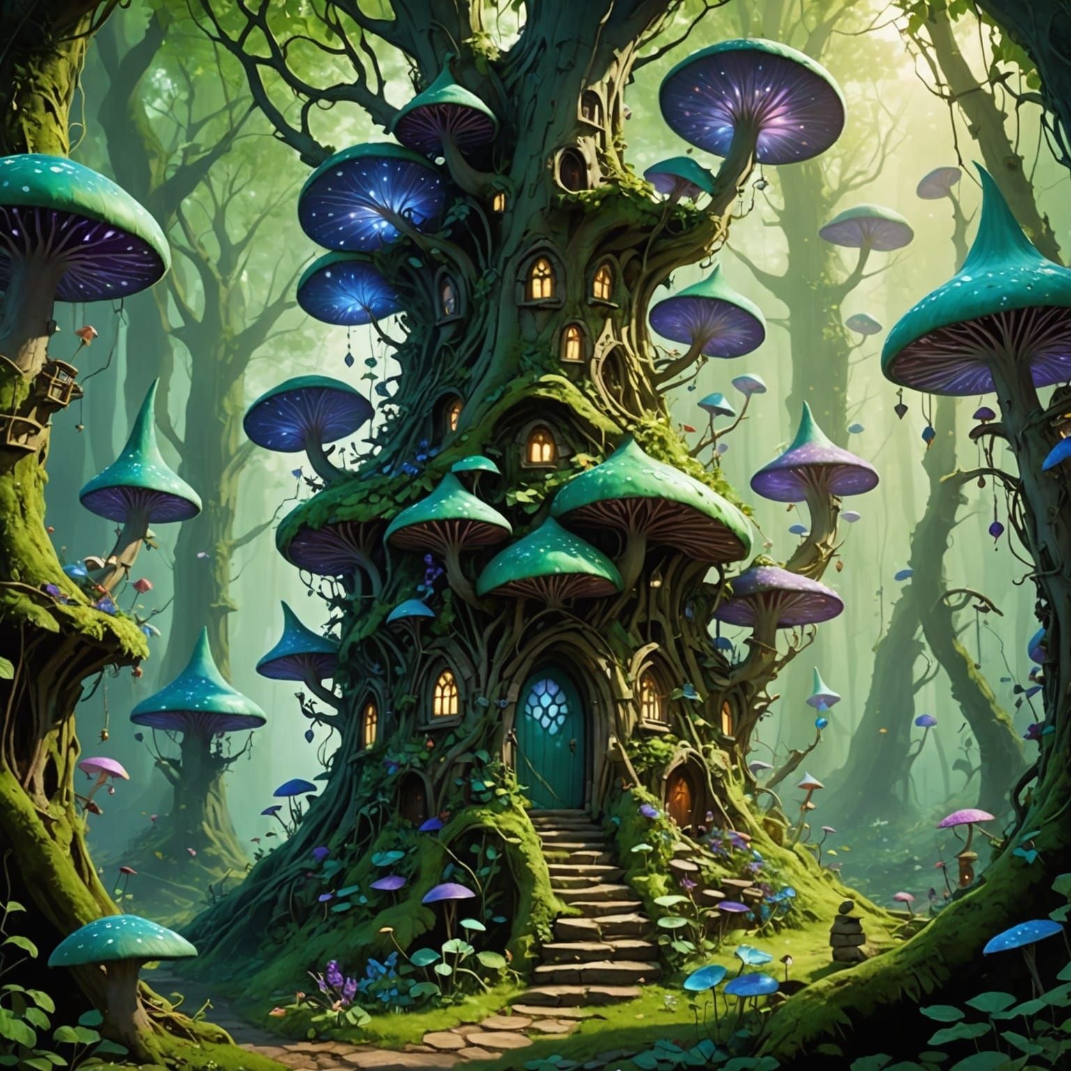 Ethereal Fungal Forest Village Reaching to the Sky