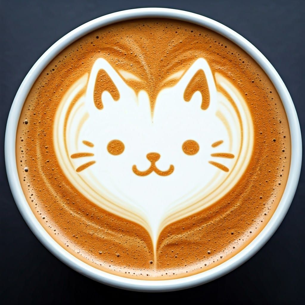 Anime Cat Heart Latte Art in Studio Ghibli Style