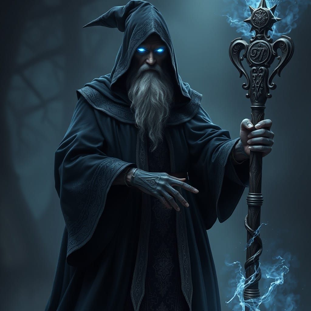 Ethereal Dark Wizard in Fantasy Style with Blue Lighting