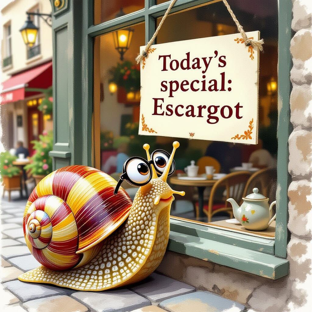 Curious Snail Reads Menu in Whimsical Style