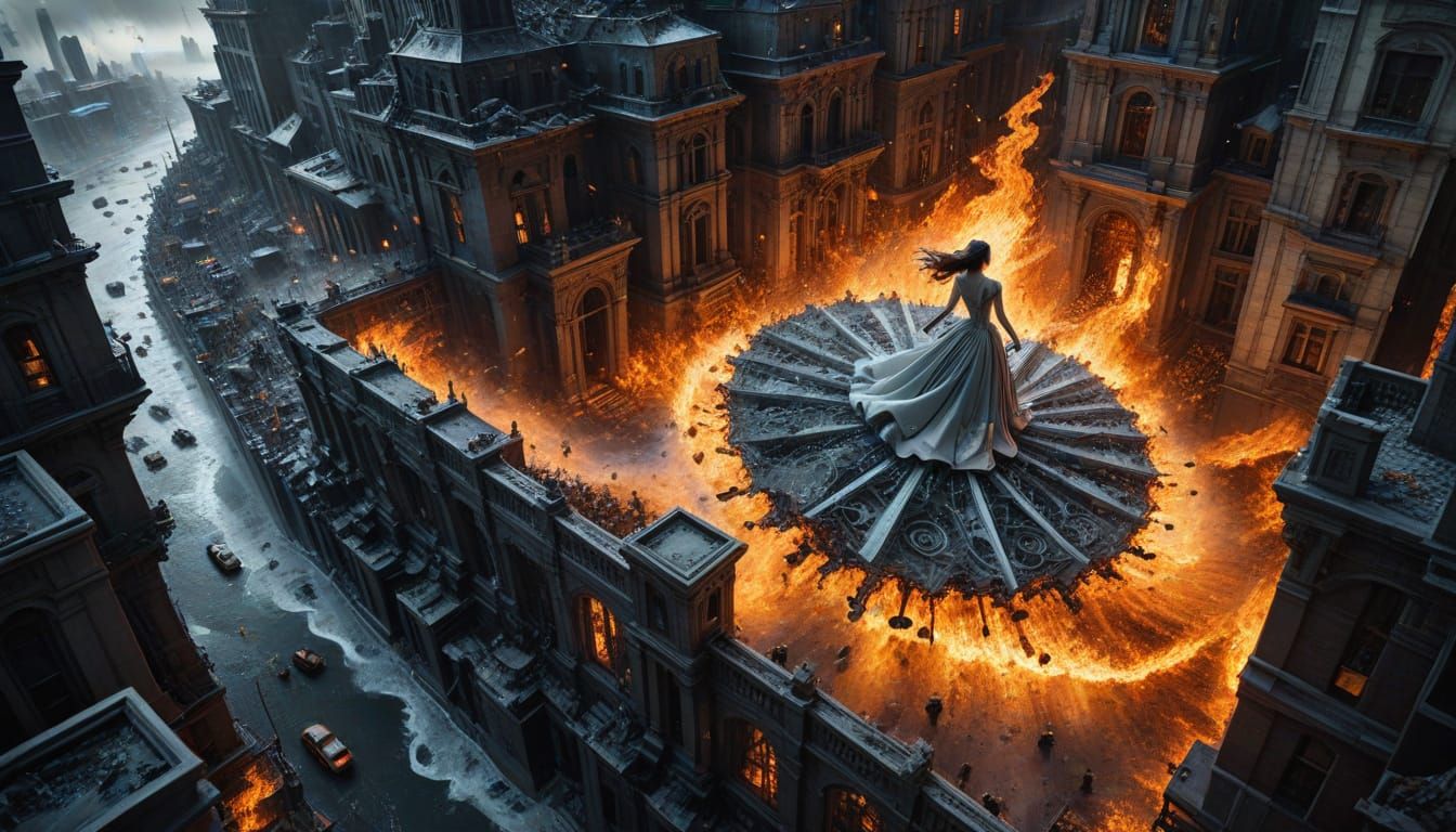 Woman Running Through Burning City with Escher Architecture