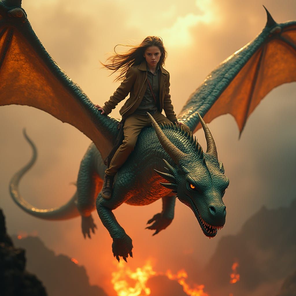 Teenager Soars on Iridescent Dragon Over Fiery Volcano