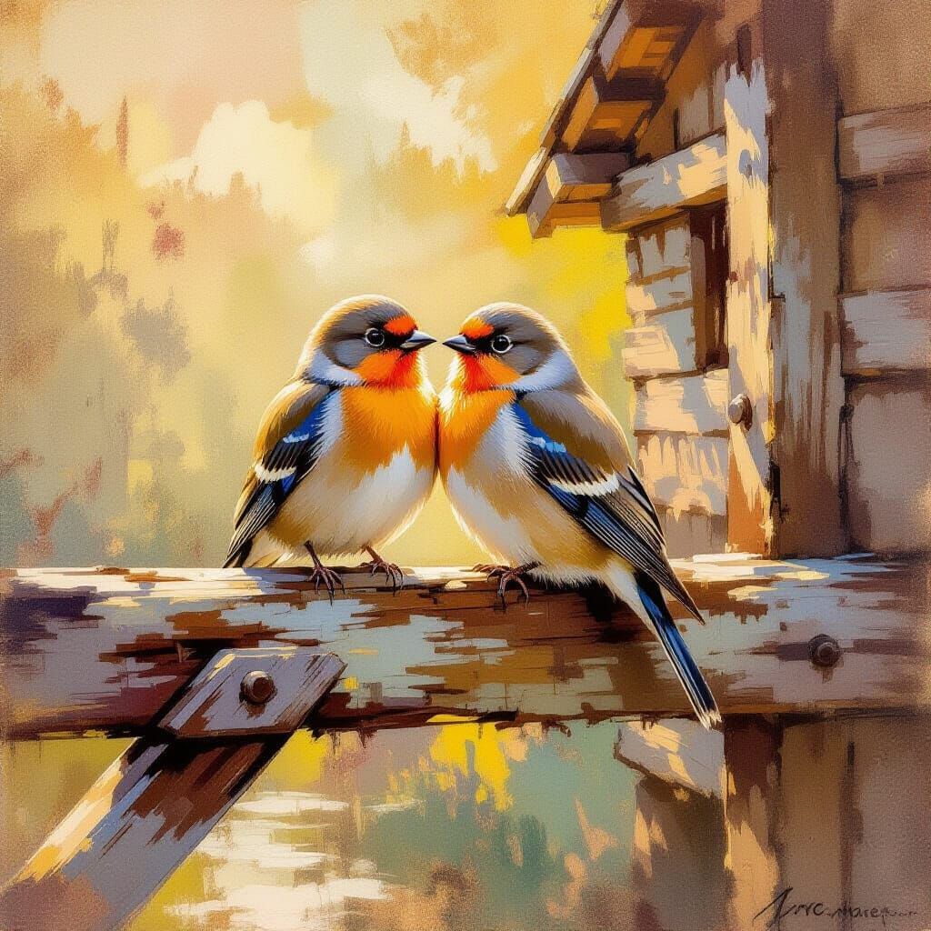 Love Birds on Old Mill Beam in Golden Light