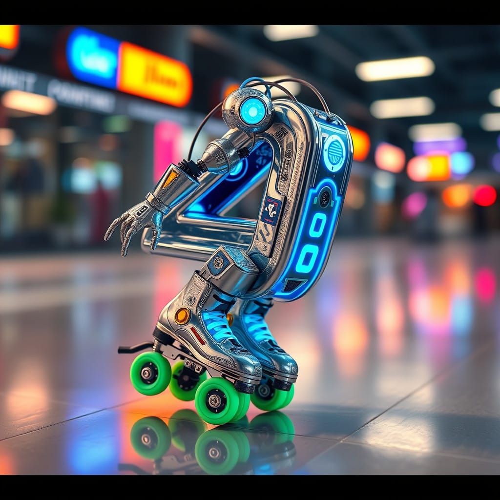 Metallic Robot Number 4 Roller Skates on Shiny Floor
