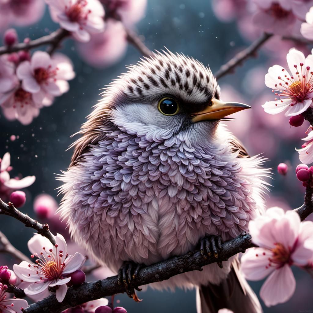 Fluffy Bird on Blossom Branch in 8k Artistic Photography