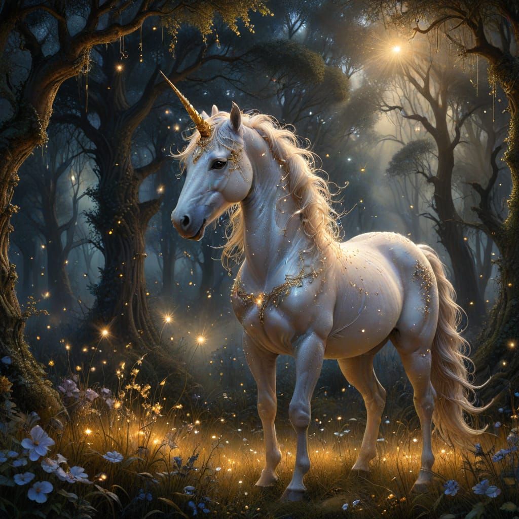 Ethereal Unicorn in Moonlit Forest: Fantasy Art