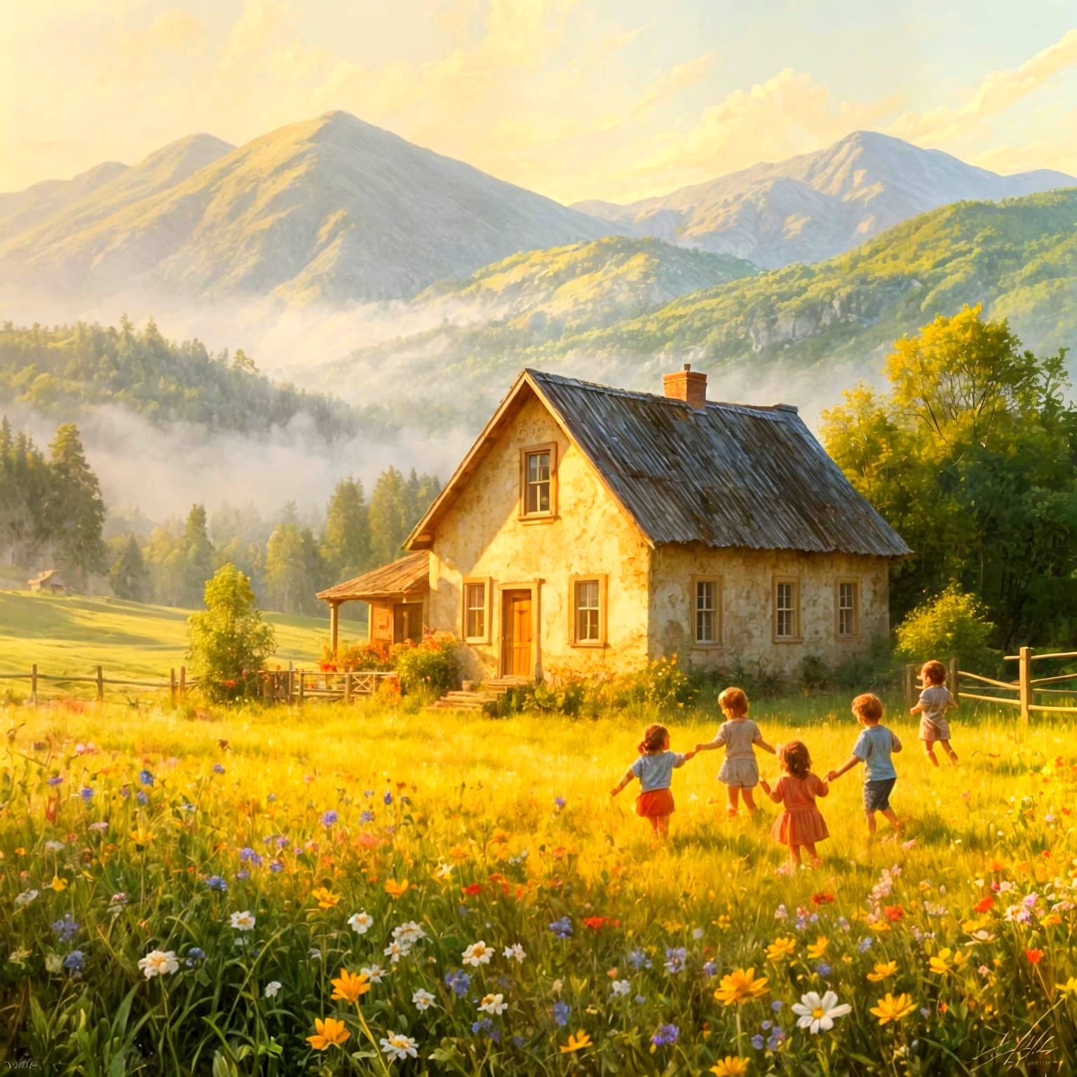 Golden Countryside House with Children, Oil Painting