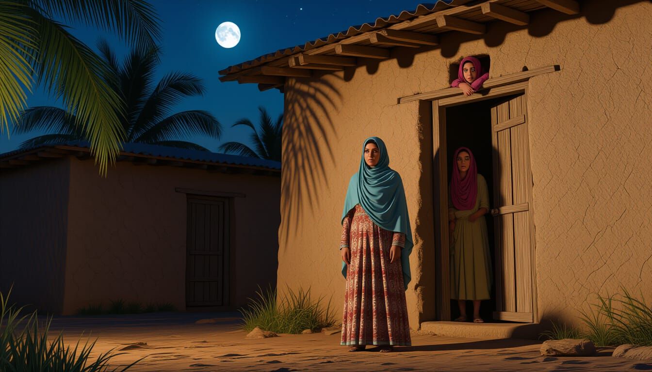 Dramatic Night Scene in Ancient Islamic Village