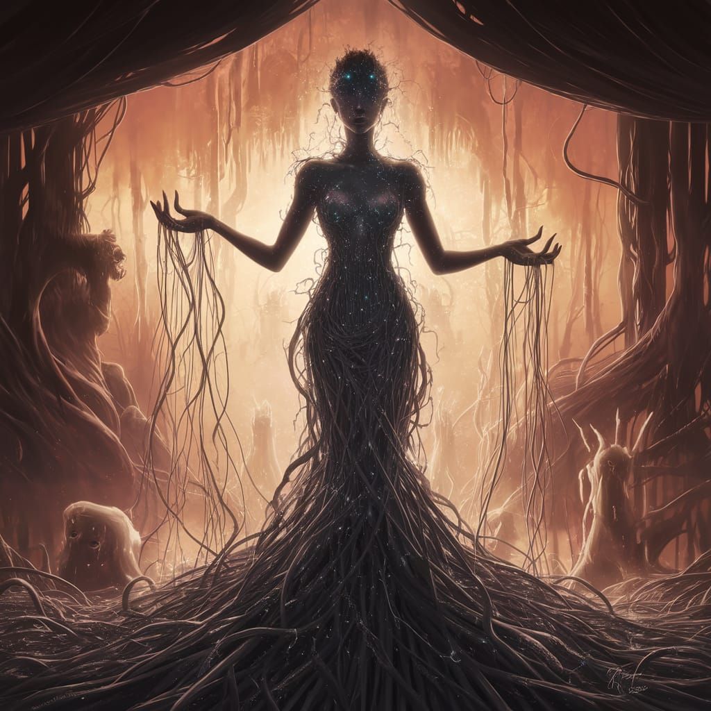 Ethereal Goddess Weaves Forgotten Fears into Liquid Shadows