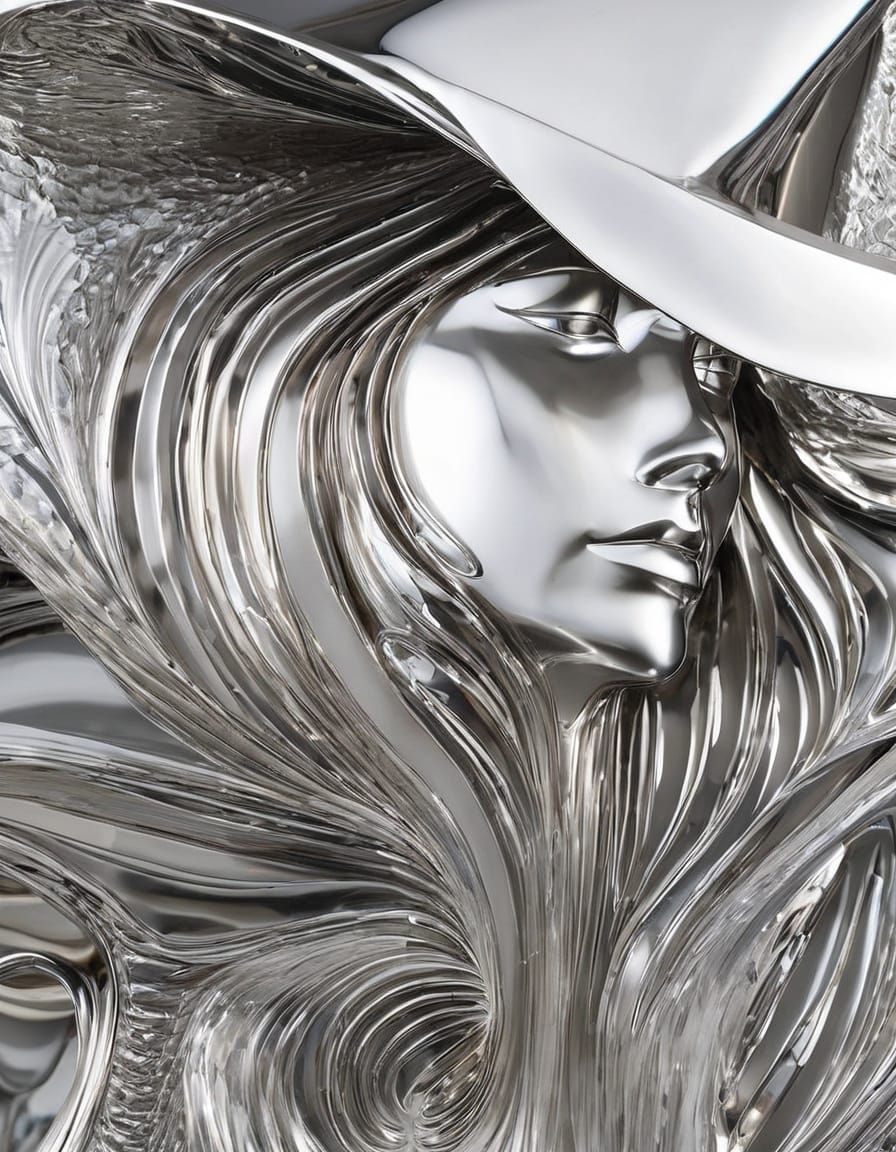 Woman in a Chrome Sculpture with Refractive Effects