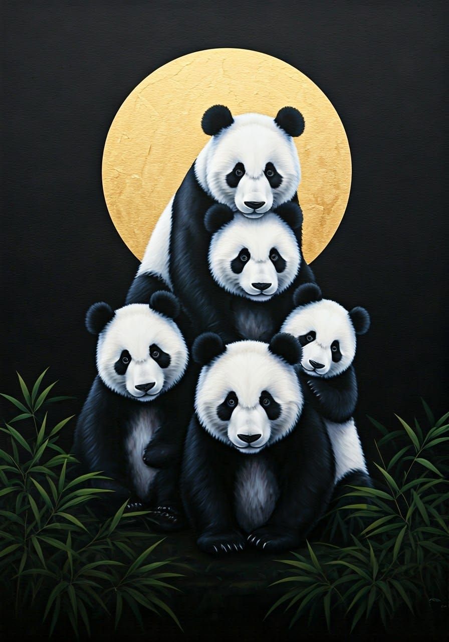 Pandas Form a Pyramid in Velvet Painting Style