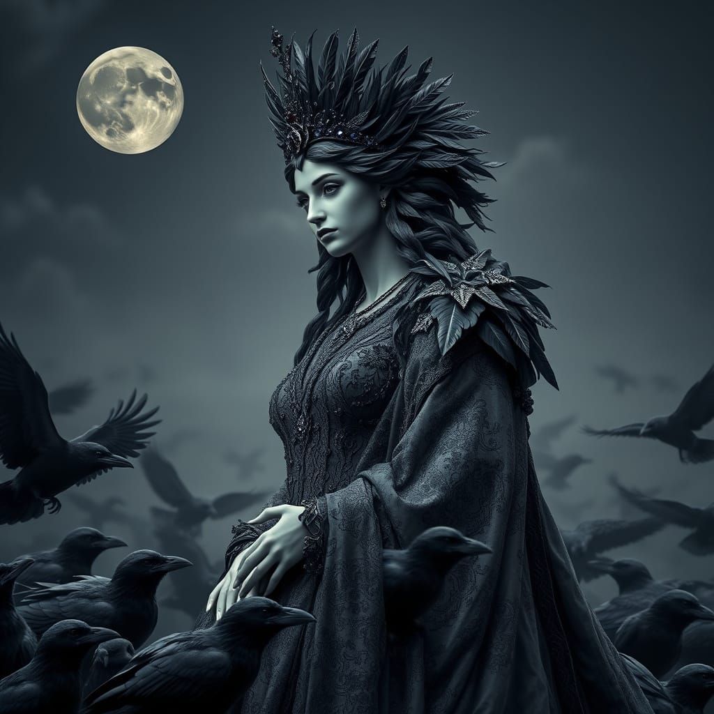 Regal Statue Melts into Ravens Under Obsidian Moon