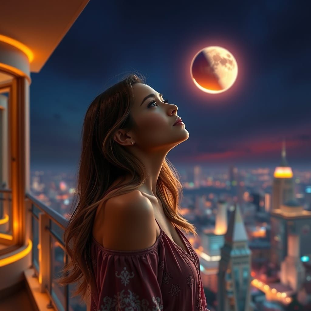 Lunar Eclipse Balcony View in Hyperrealistic Splash Art