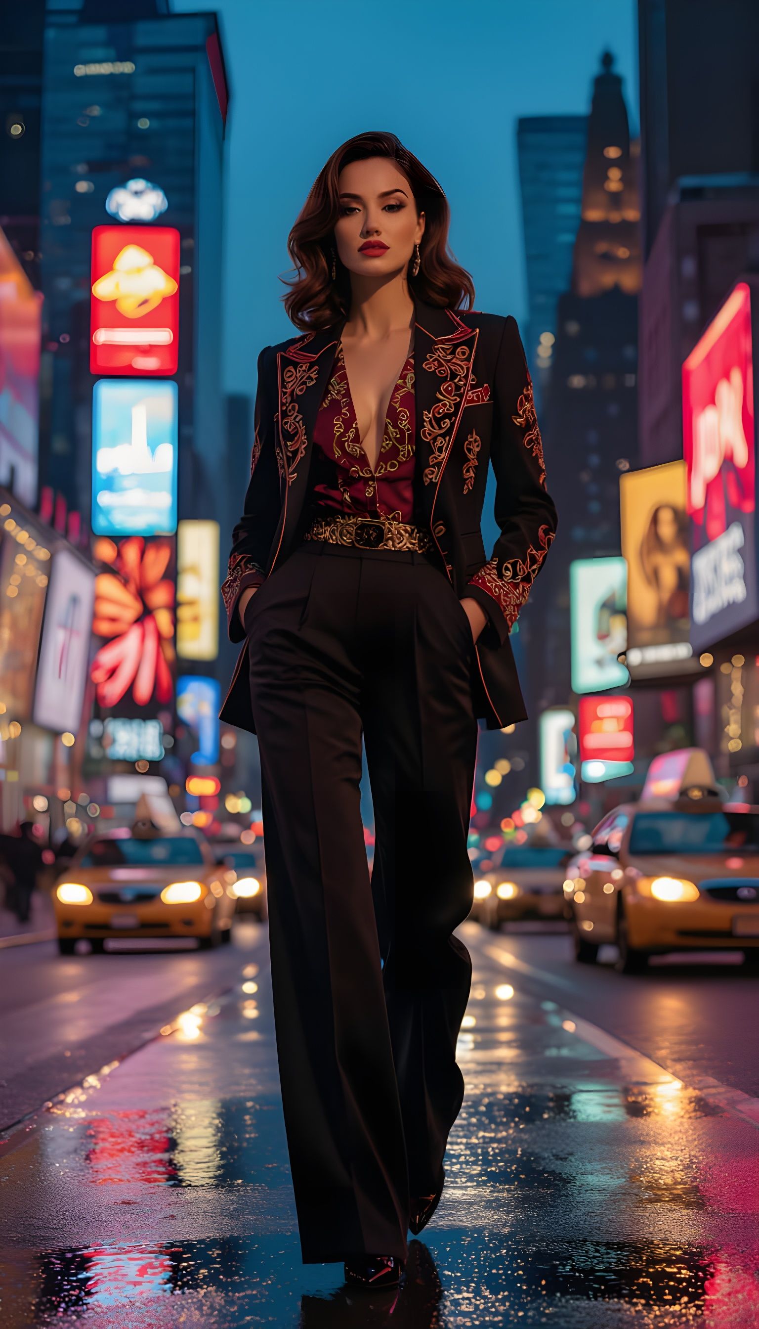 Confident Woman in Times Square in Film Noir Style