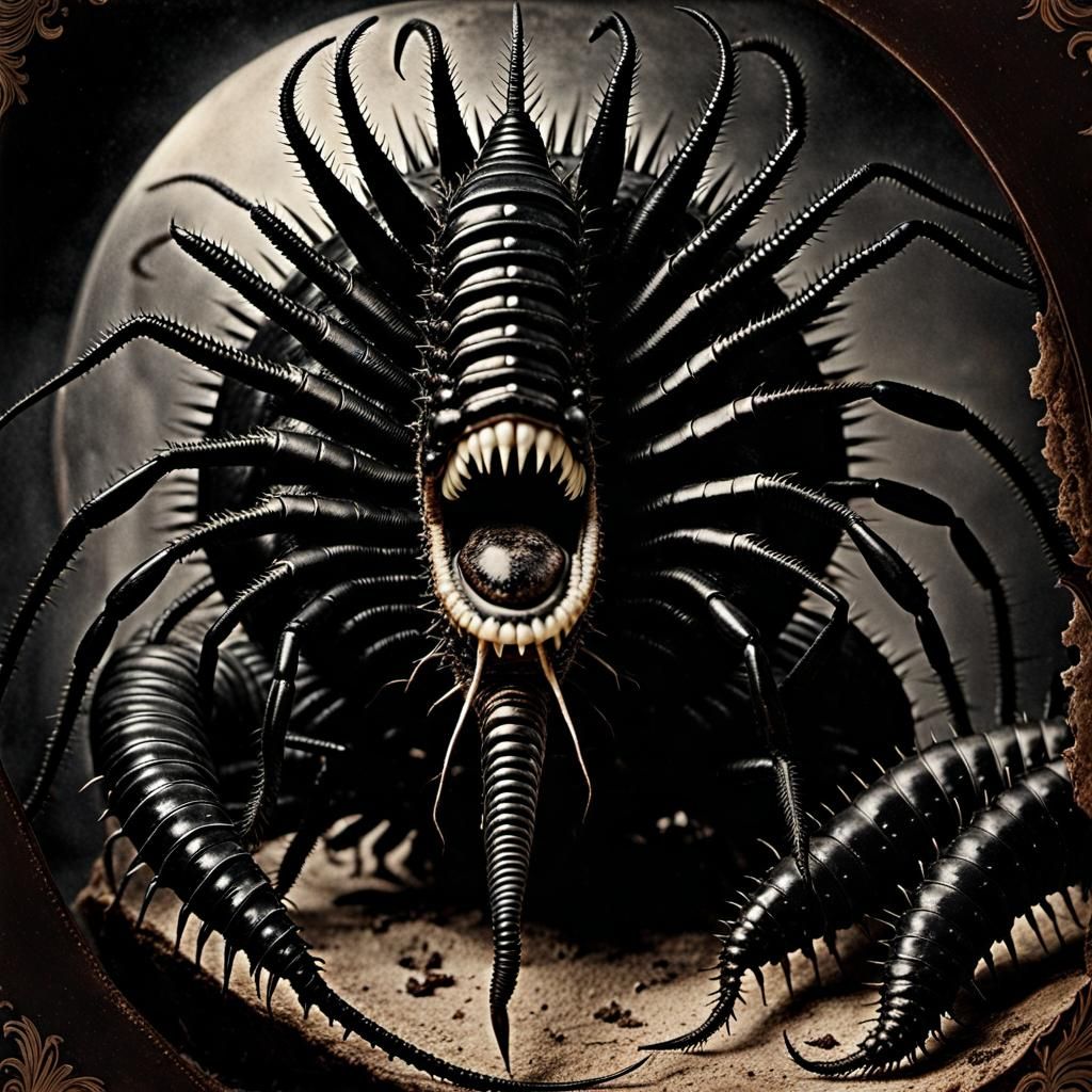 Giant Centipede Daemon in Vintage Horror Photo