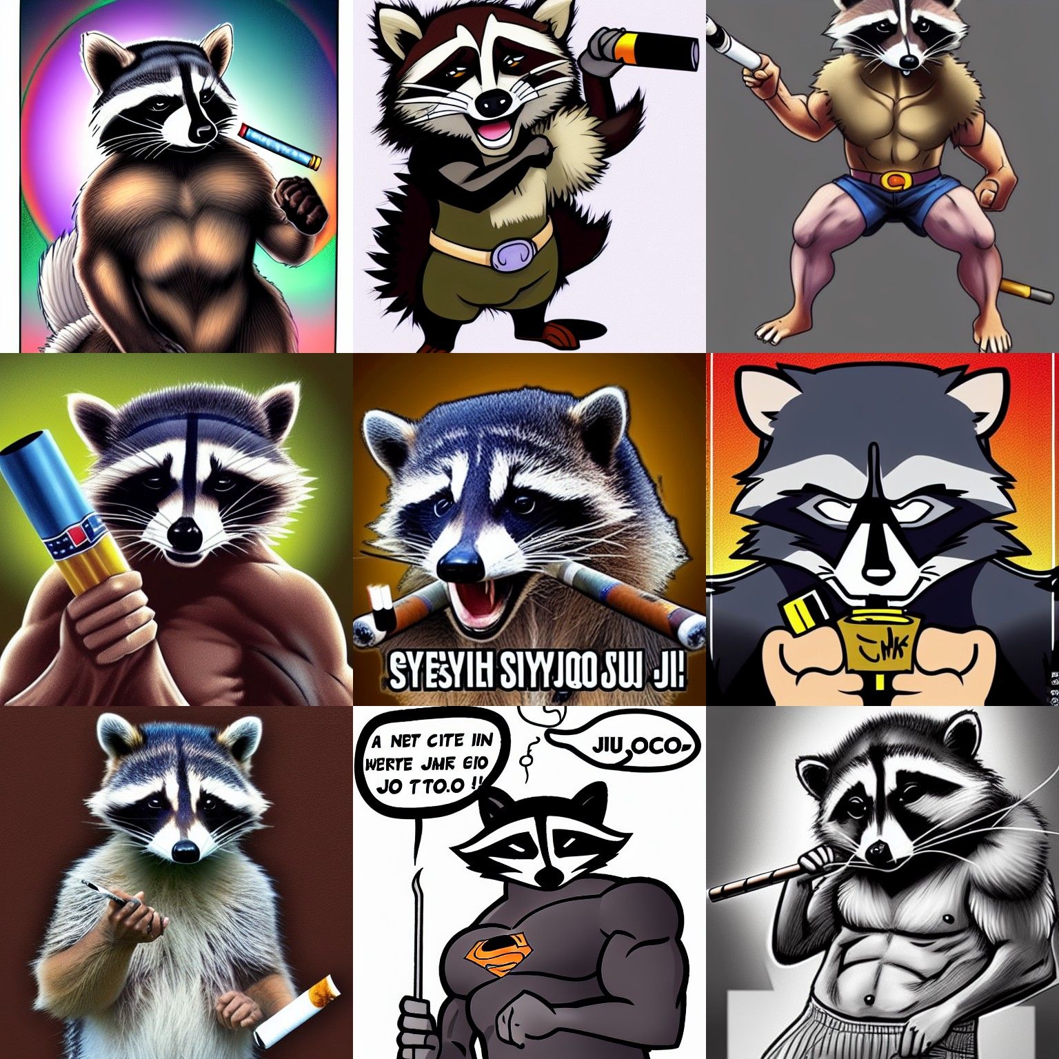 Buff Raccoon Smokes in Manga Style