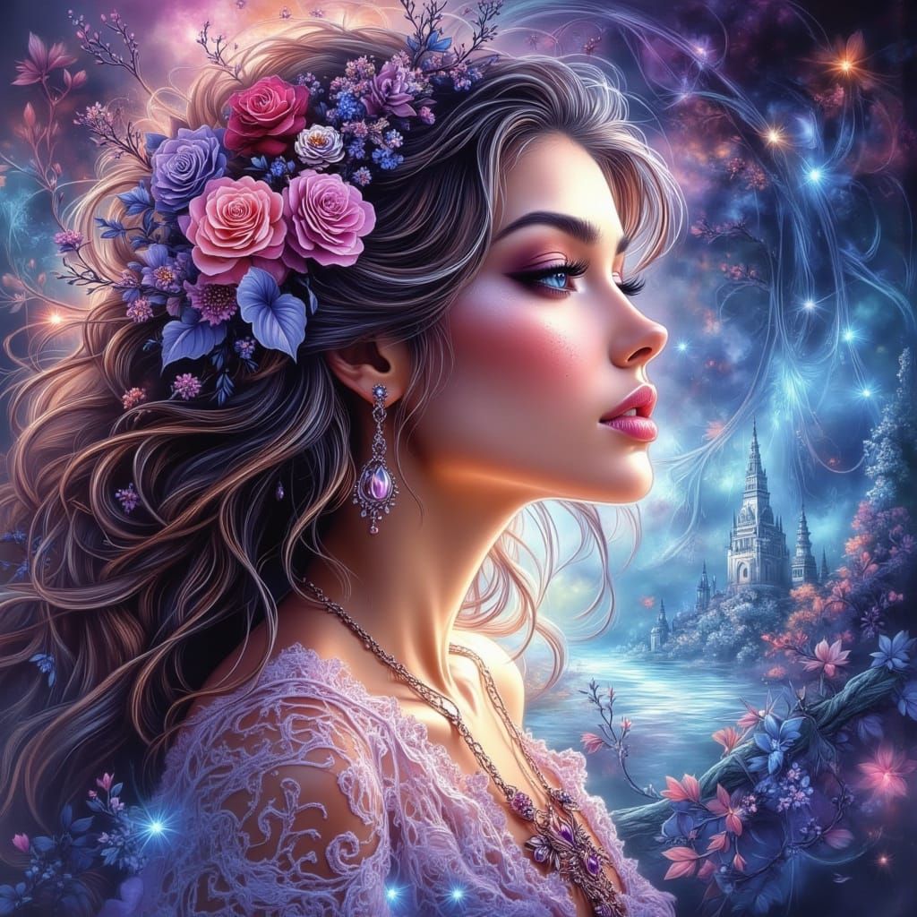 Woman Gazing at Dreamscape in Hyperrealistic Splash Art Styl...