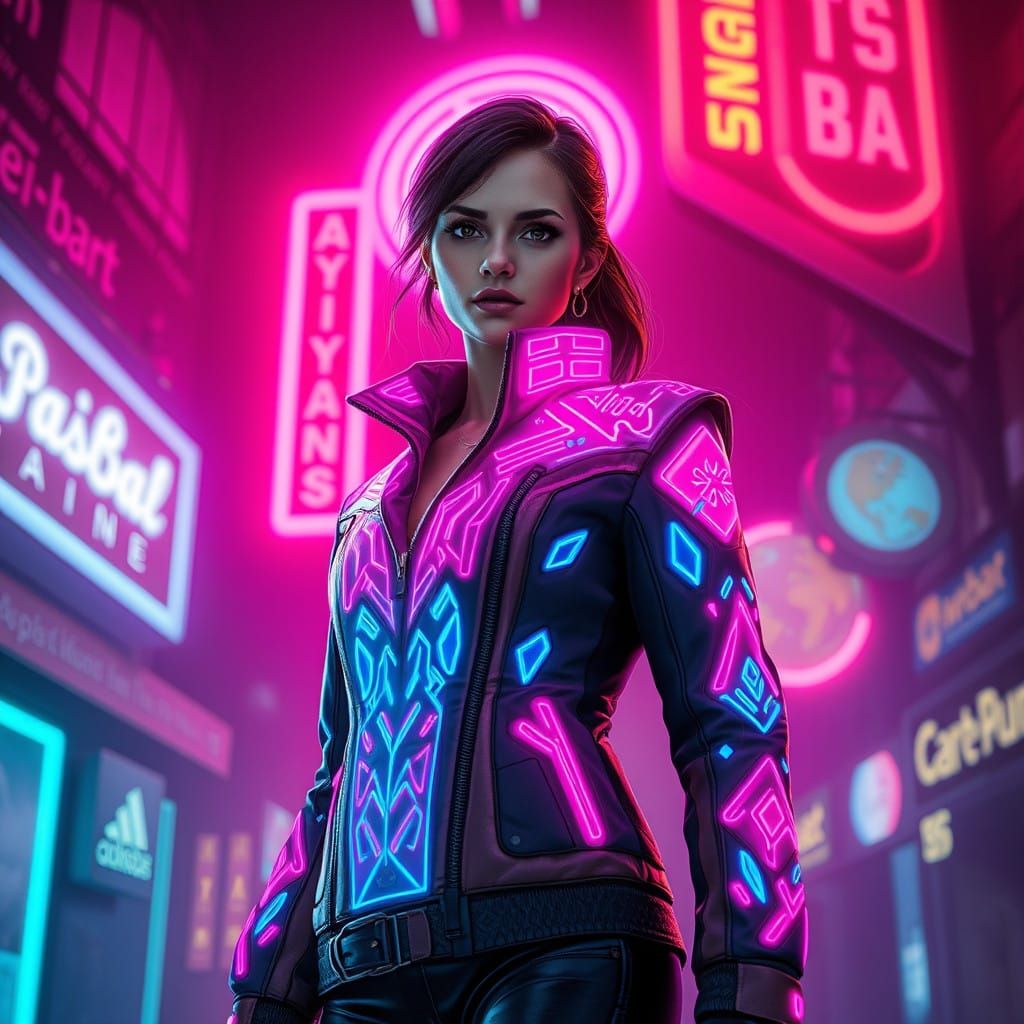 Cyberpunk Woman Illuminated by Neon Lights in Futuristic Cit...