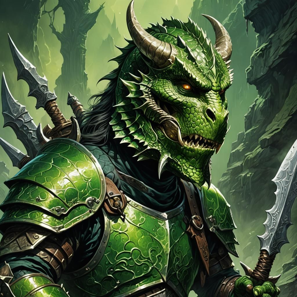 Green Dragonborn Warrior in Acid-Etched Armor