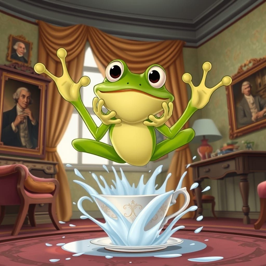 Cartoon Frog's Gaspocalypse in Victorian Parlor