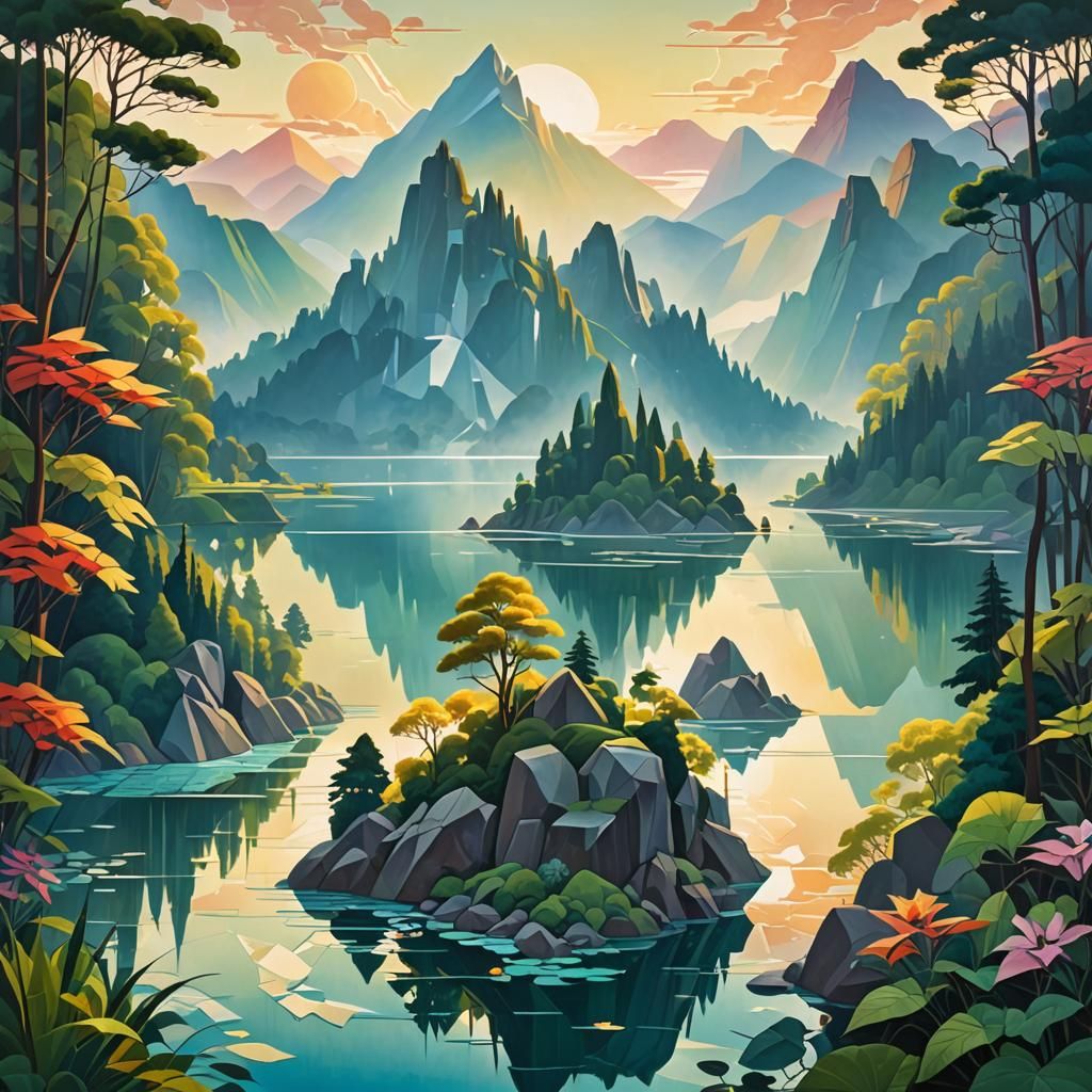 Cubist Forest Lake at Dawn: A Digital Masterpiece