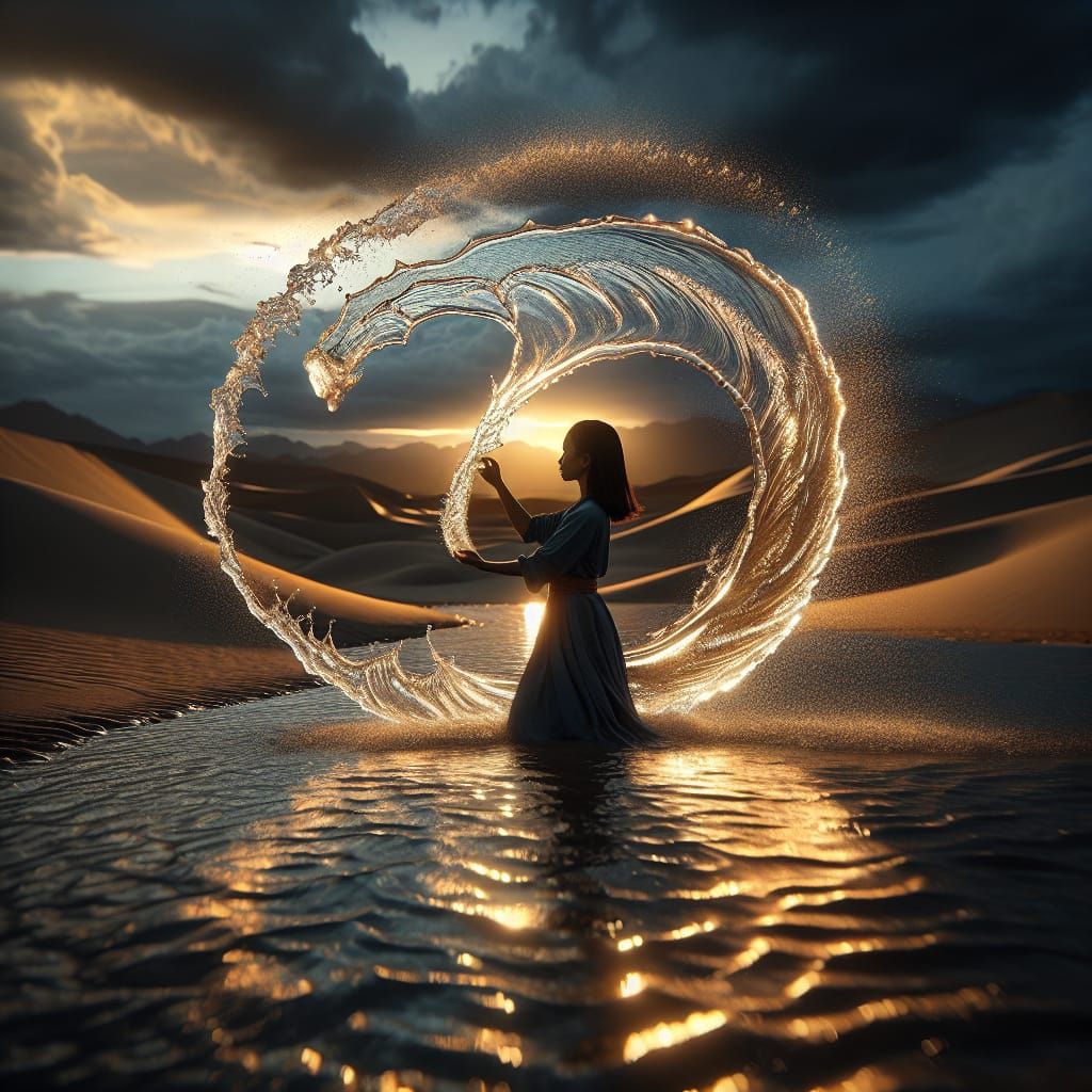 Mystical Water Dragon in Desert Sunset