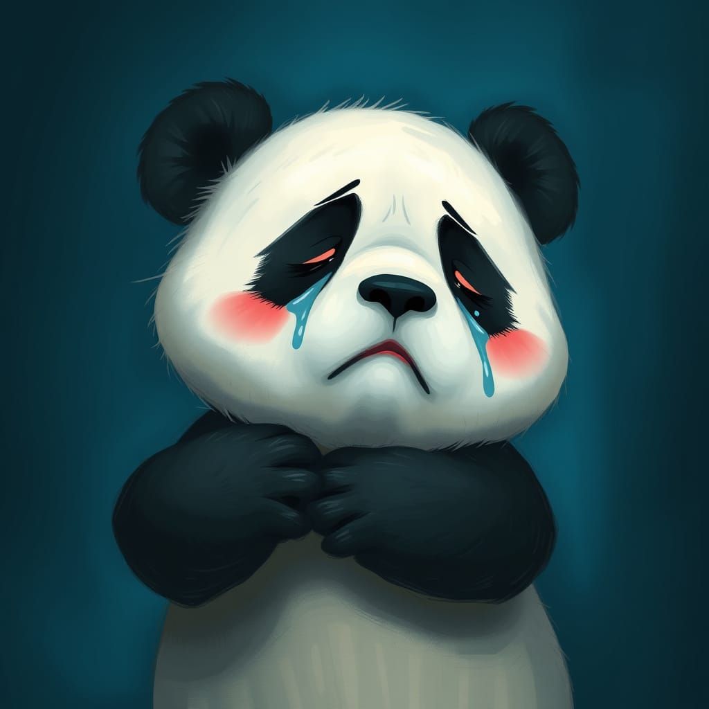 Sad Panda Bear Reaching for a Hug in Melancholic Blue