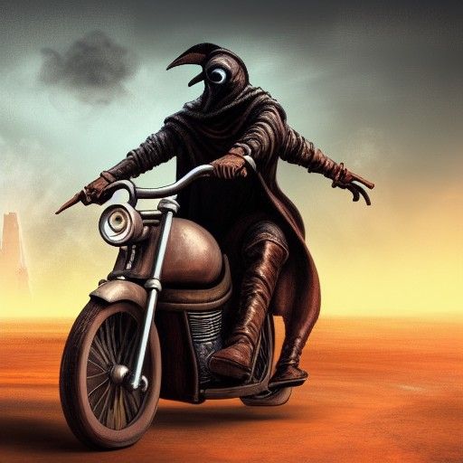 Plague Doctor Rides Wasteland Motorbike: Fantasy Concept Art