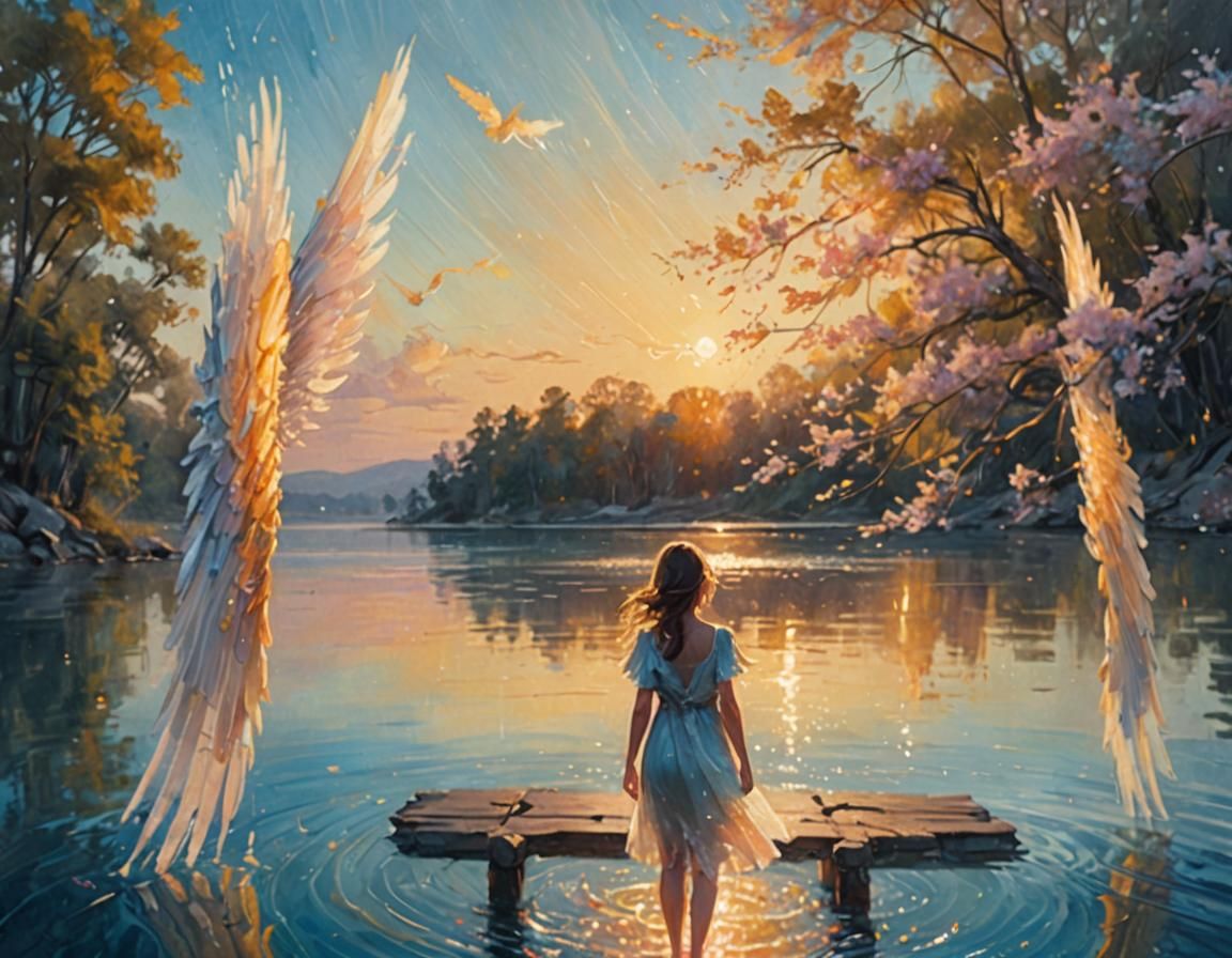 Girl with Delicate Wings at Water's Edge