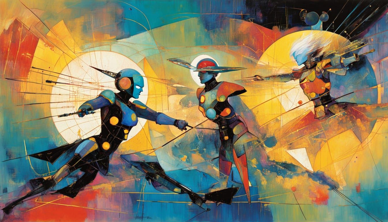 Abstract Tron Grid Battle in Maximalist Style