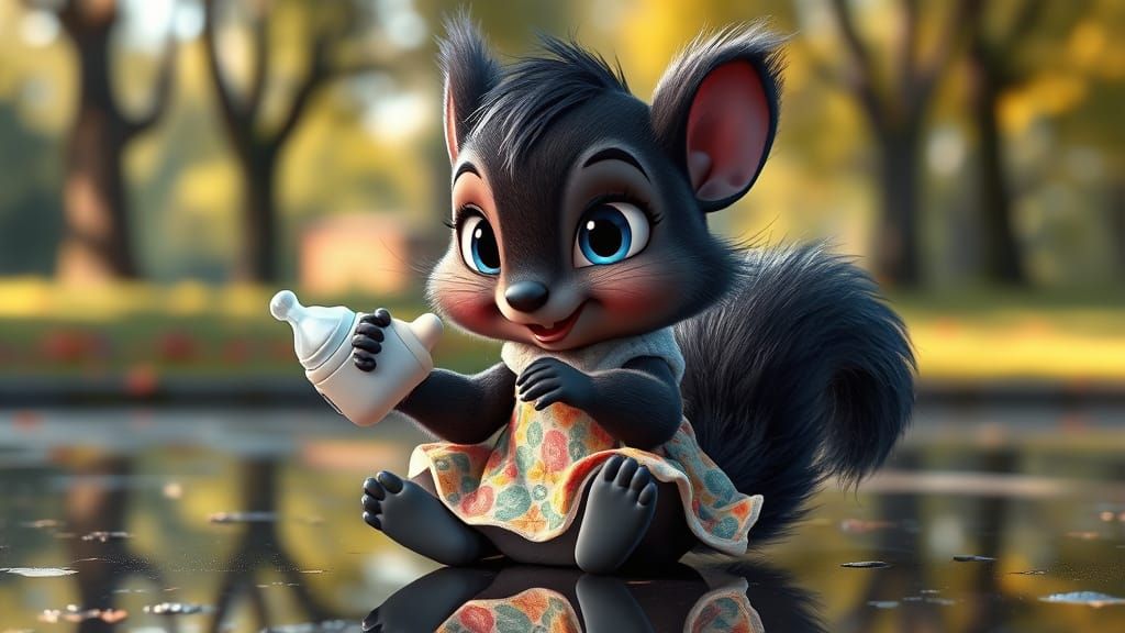 Cute Baby Squirrel in Floral Dress with Baby Bottle