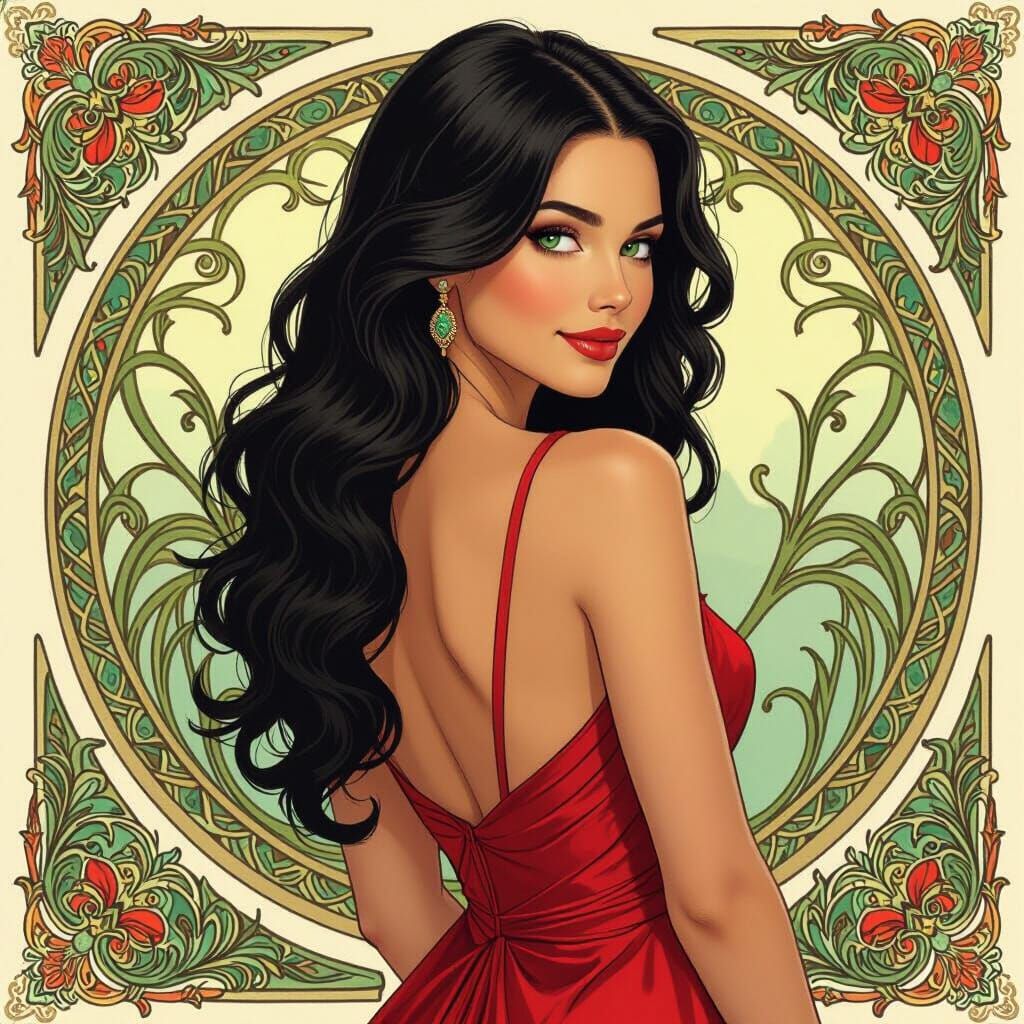 Elegant Woman in Red Dress, Art Nouveau Style